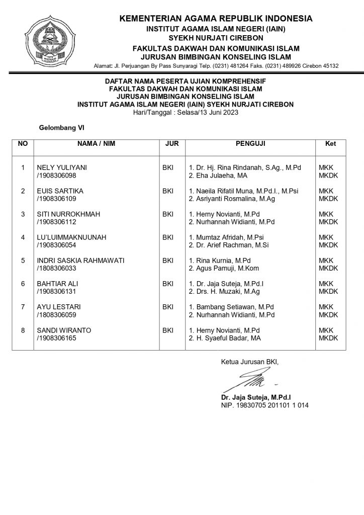 Jadwal Ujian Komprehensif Gelombang VI Jurusan BKI