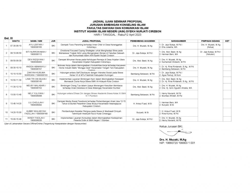 Jadwal Seminar Proposal Gelombang XI Jurusan BKI