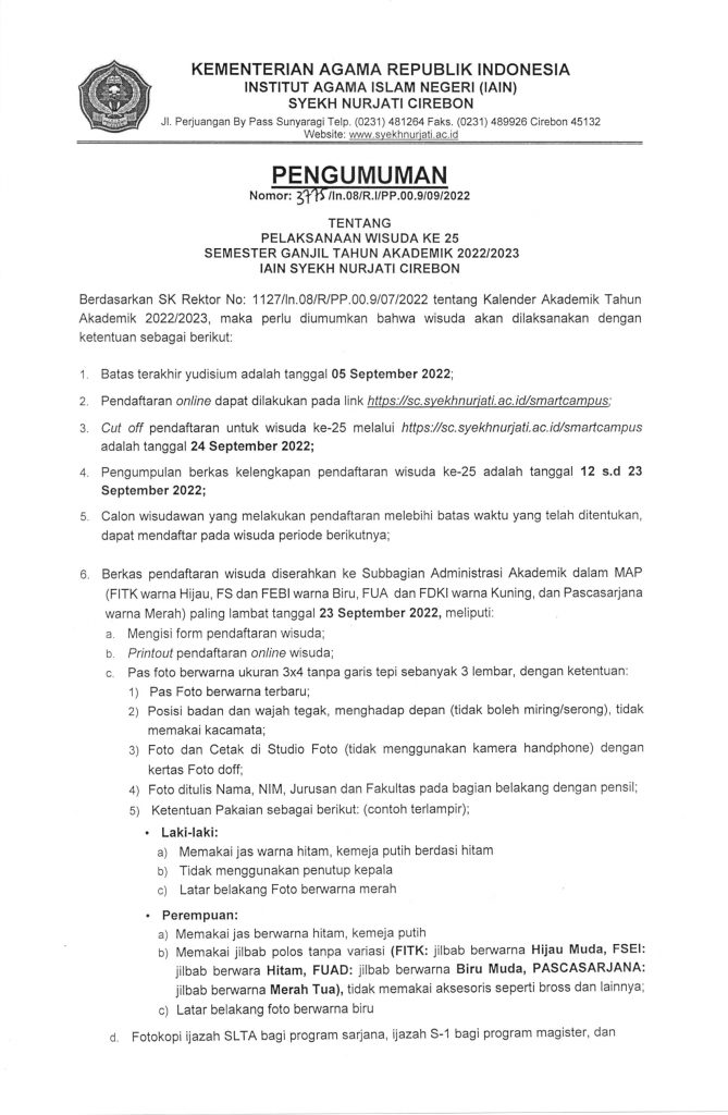 Pengumuman Pelaksanaan Wisuda ke 25 Semester Ganjil Tahun Akademik 2022/2023