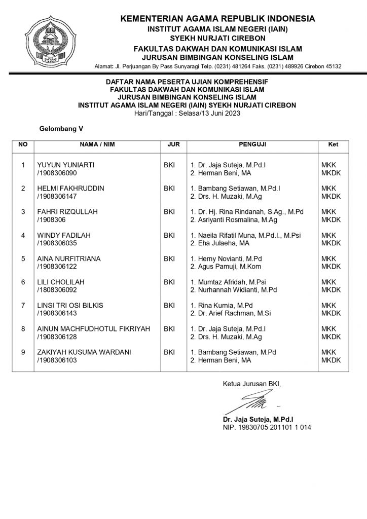 Jadwal Ujian Komprehensif Gelombang V Jurusan BKI