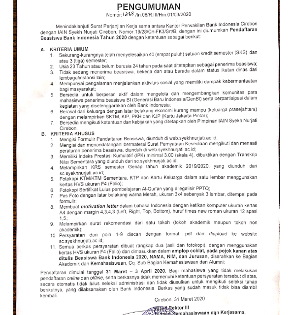 Pengumuman Beasiswa BI Tahun 2020