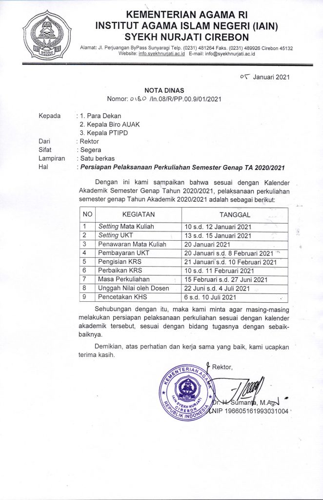 Jadwal Kegiatan Semester Genap Tahun Akademik 2020/2021