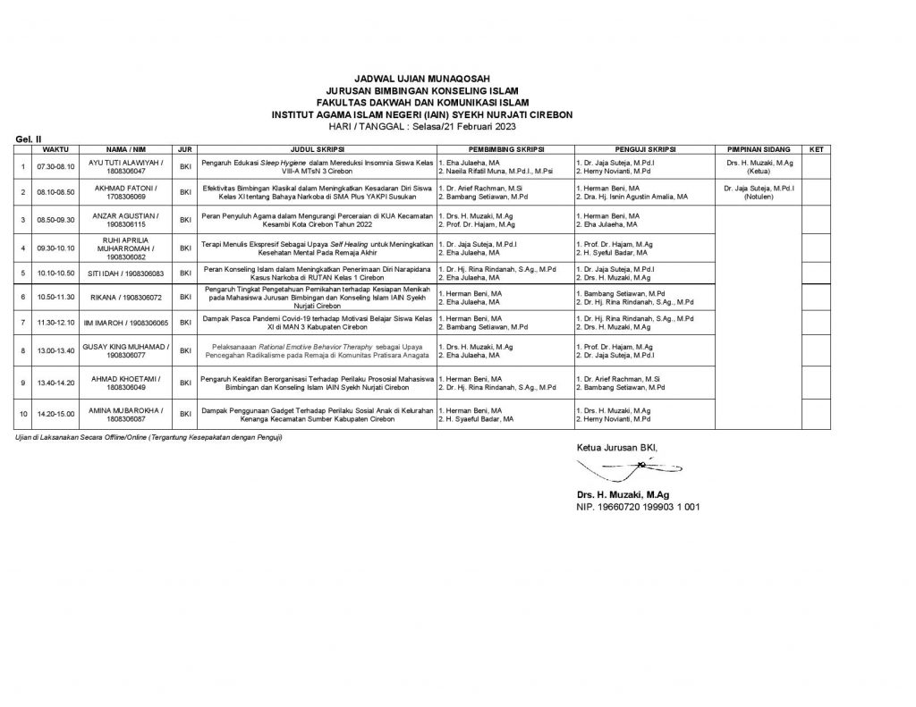 Jadwal Ujian Munaqosah Gel II Semester 2022/2023 Genap