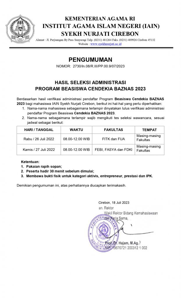 Hasil Seleksi Administrasi Program Beasiswa Cendekia BAZNAS 2023