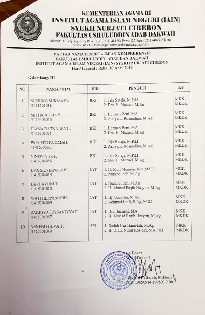 Jadwal Ujian Komprehensif 10 April 2019