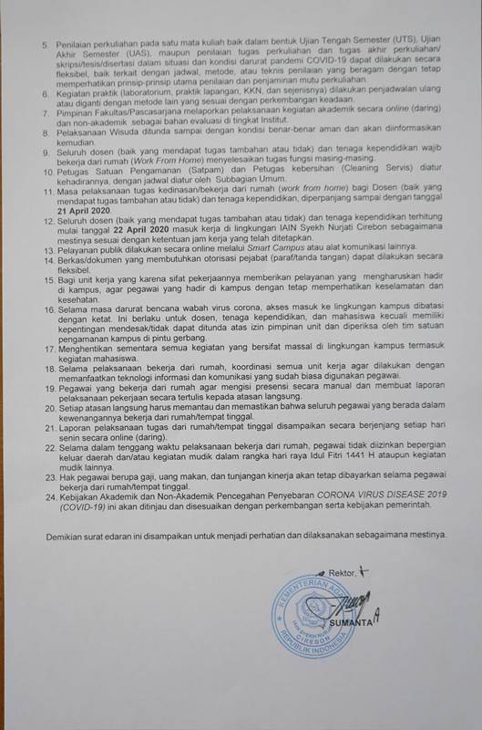 Edaran Rektor tentang Kebijakan Akademik dan Non Akademik