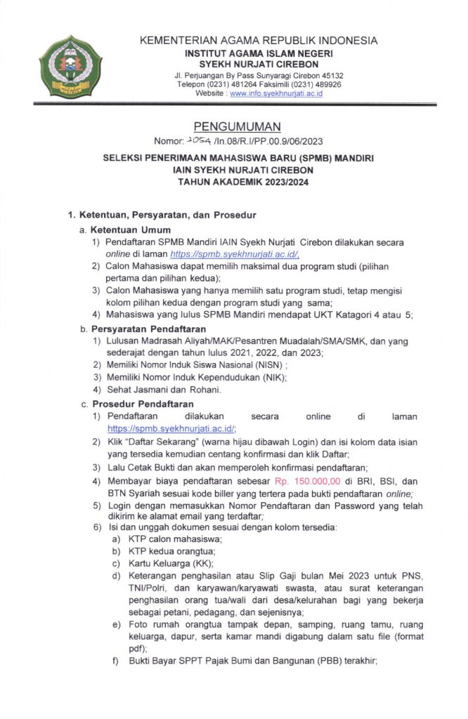 SPMB Mandiri IAIN Syekh Nurjati Tahun Akademik 2023/2024