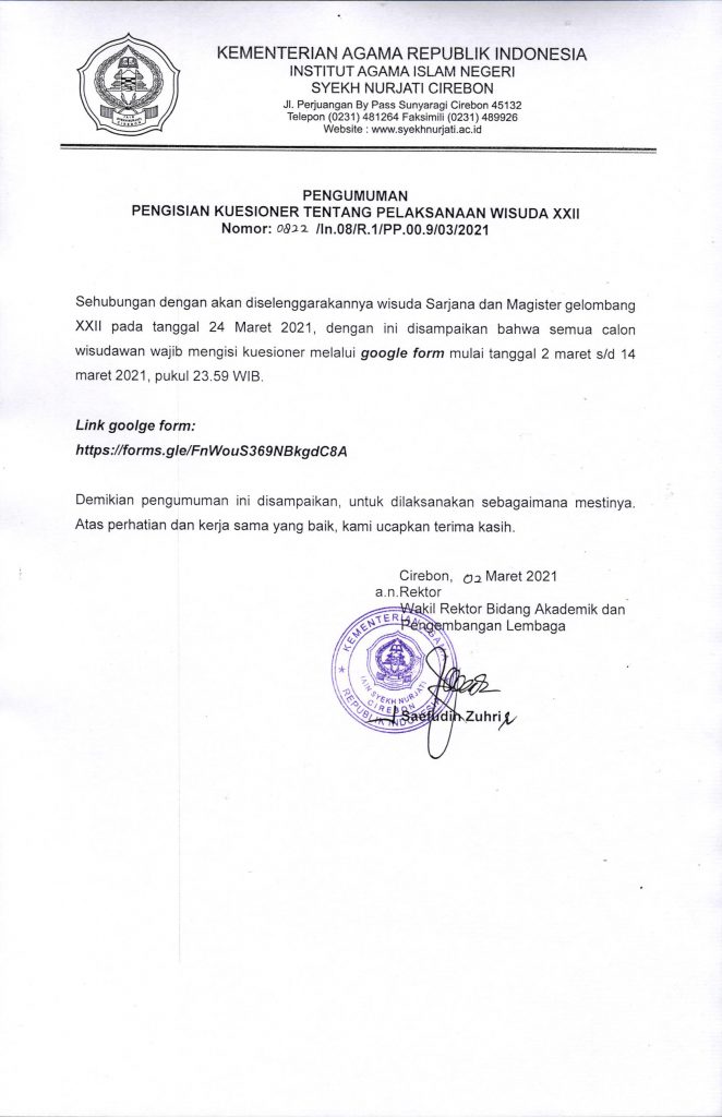 Pengumuman Pengisian Kuesioner Calon Wisudawan Gelombang XXII Tahun 2021