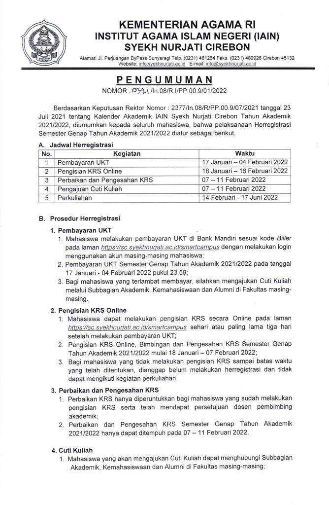 Jadwal Daftar Ulang Mahasiswa Semester Genap Tahun Akademik 2021/2022