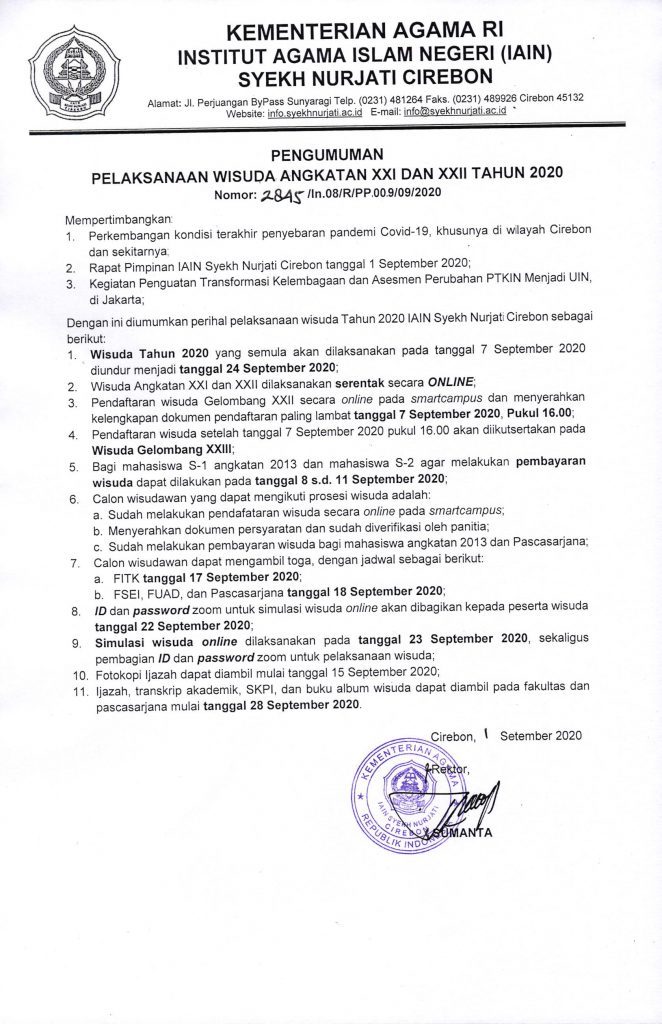 Pengumuman Wisuda Angkatan XXI dan XXII Tahun 2020