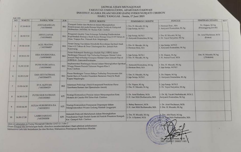 Jadwal Ujian Munaqosah 17 Juni 2019