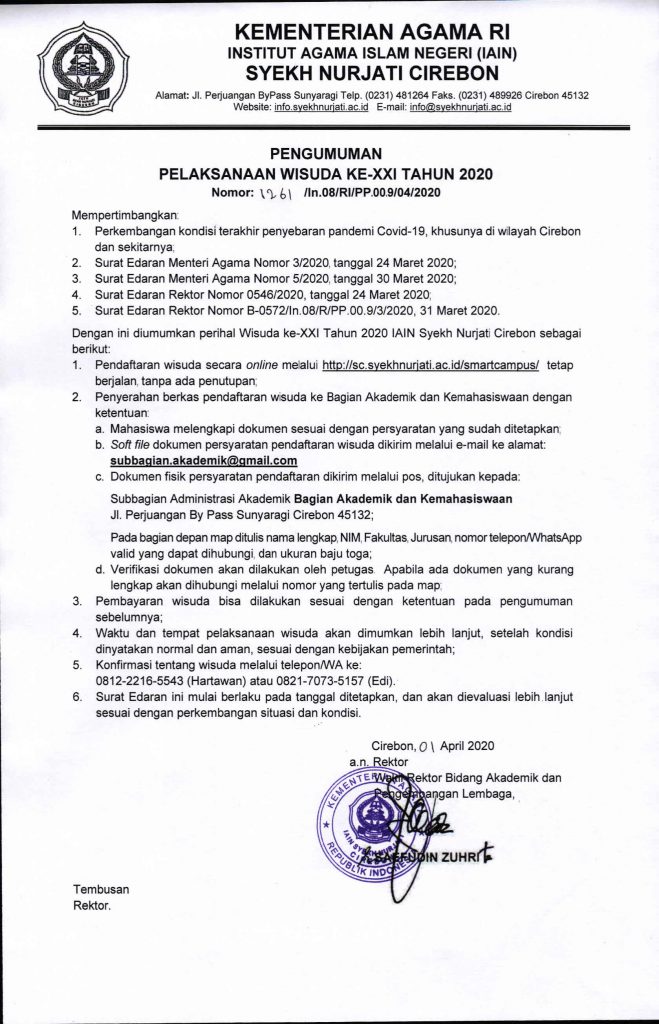Pengumuman Pelaksanaan Wisuda XXI Tahun 2020