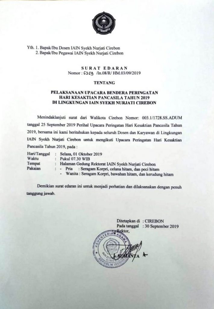 Undangan Pelaksanaan Upacara Hari Kesaktian Pancasila 2019