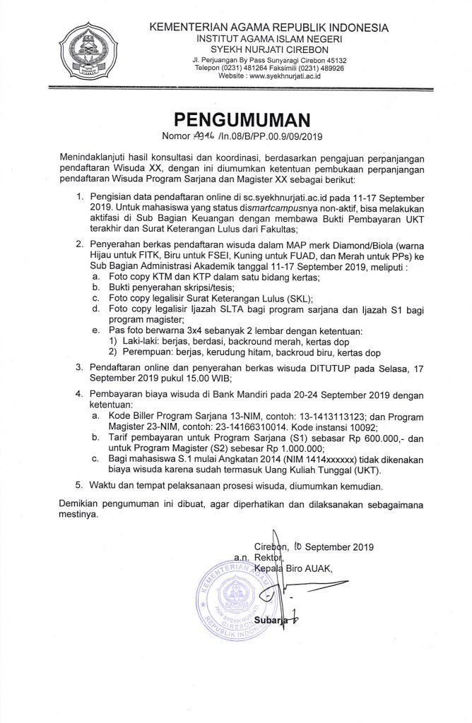 Perpanjangan Pendaftaran Wisuda Oktober 2019