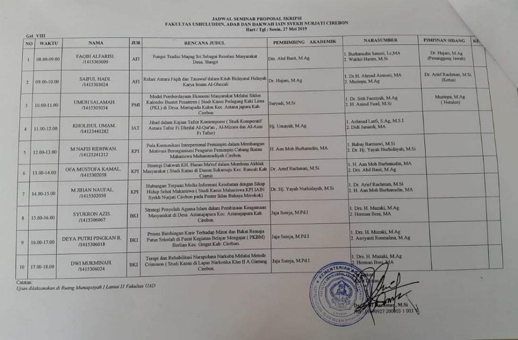Jadwal Ujian Seminar Proposal 27 Mei 2019