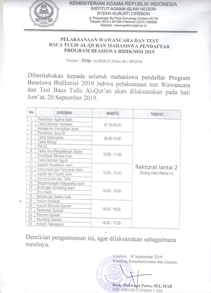 Pelaksanaan Wawancara dan Tes BTQ Pendaftar Bidikmisi 2019