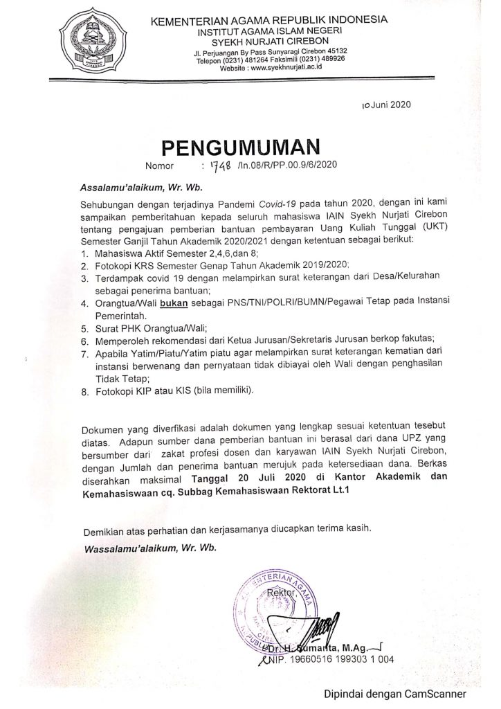 Pengumuman Bantuan Pembayaran Uang Kuliah Tunggal (UKT)
