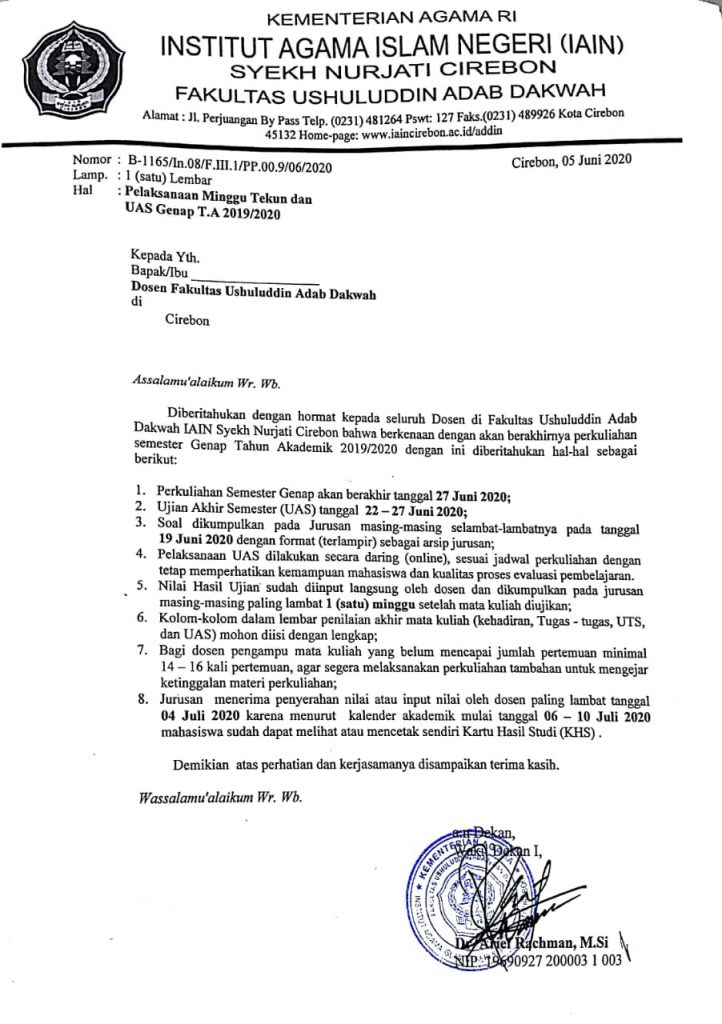 Pengantar Ujian Akhir Semester (UAS) Genap Tahun Akademik 2019/2020