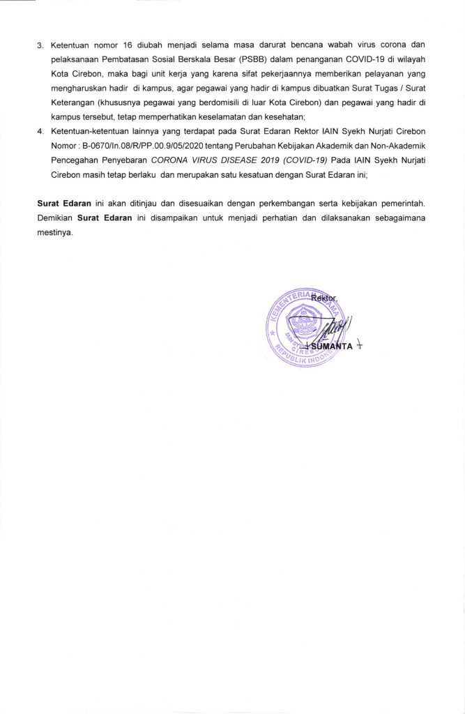 Surat Edaran Rektor Perubahan Kebijakan Akademik dan Non-Akademik Pencegahan Covid 19