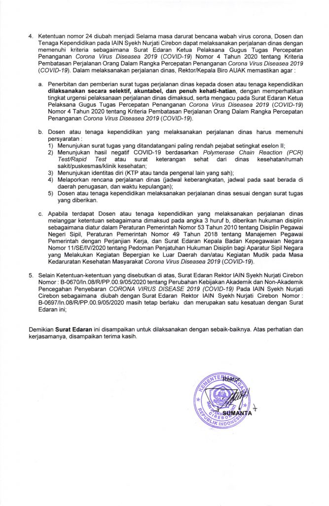 Surat Edaran Perubahan Surat Edaran Rektor Tentang Perubahan Kebijakan Akademik dan Non Akademik