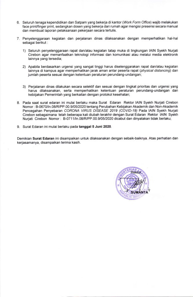 Surat Edaran Rektor IAIN SNJ Tentang Kebijakan Akademik dan Non-Akademik Dalam Tatanan Normal Baru