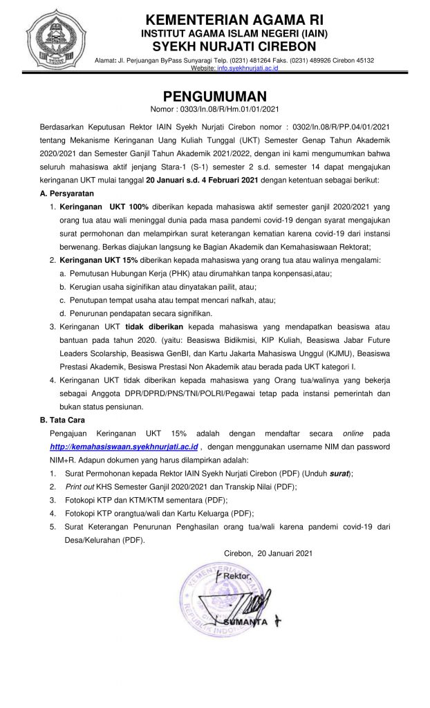 Pengumuman Keringanan UKT Semester Genap Tahun Akademik 2020/2021